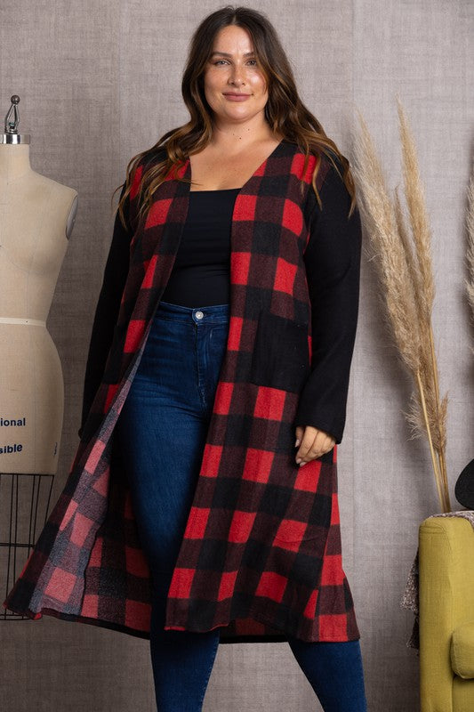 BLACK/RED CONTRAST THROW ON PLAID PLUS SIZE CARDIGAN